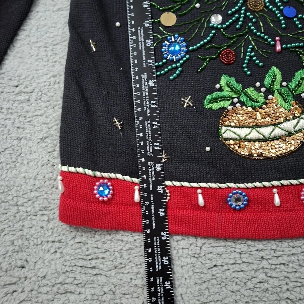 Vtg Hand Beaded Sweater Womens M Christmas Tree Holiday Sequin Knit Oversized